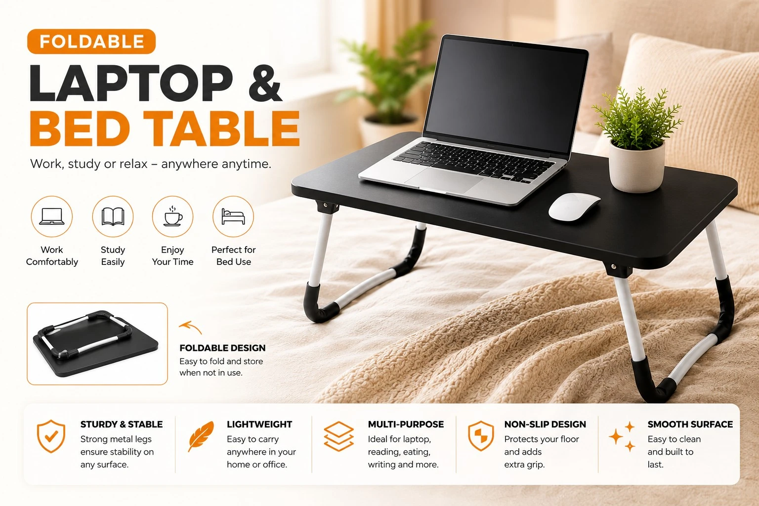 Portable Foldable Laptop Table for Bed, Sofa & Floor